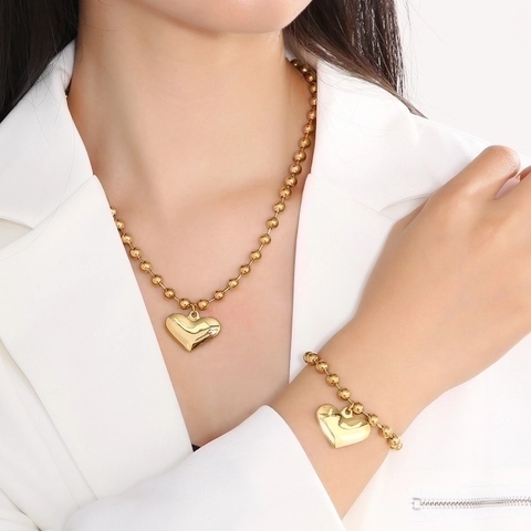 Collier Et Bracelet Pendentif Coeur En Acier Inoxydable Chaîne À Billes Bijoux Tendance Style Poli Pour Femmes