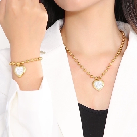 Heart Pendant Necklace And Bracelet Stainless Steel Rhinestone Ball Chain Fashion Elegant Jewelry For Women