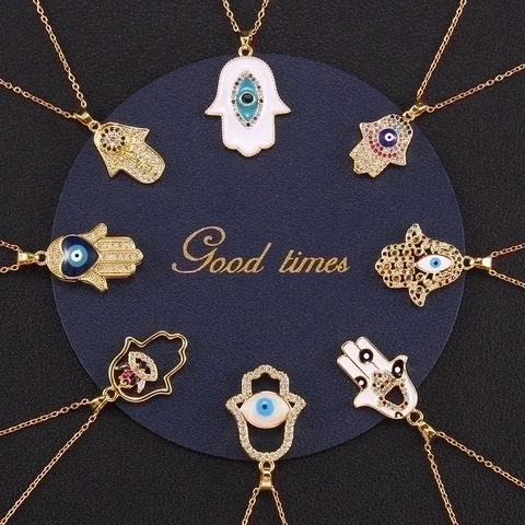 Collana Pendente Mano Di Fatima Malocchio Rame Placcato Oro Strass Smalto Gioielli Di Protezione Donna Regalo Etnico