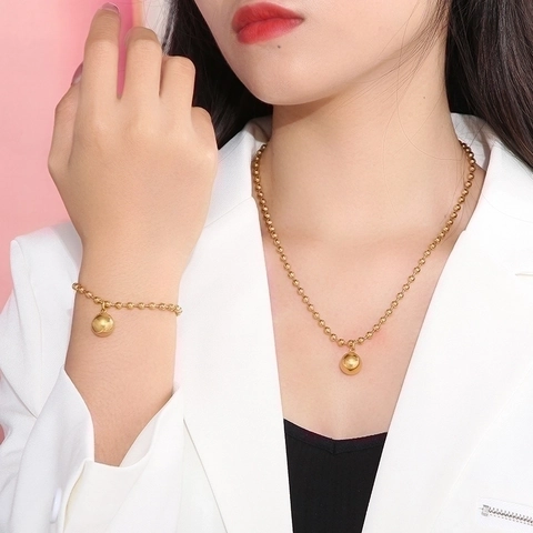 Gioielli Collana E Bracciale In Acciaio Inossidabile Catena A Sfere Ciondolo A Sfera Lucida Donne Moda Regolabile