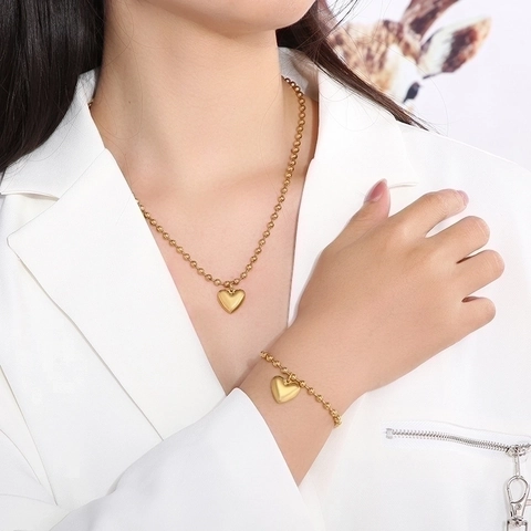 Heart Pendant Necklace Bracelet Stainless Steel 18K Gold Plated Elegant Minimalist Ball Chain Jewelry For Women