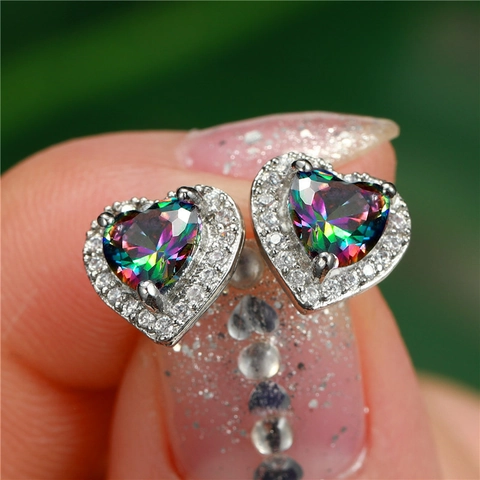 Heart Stud Earrings Copper Zirconia Halo Sparkling Delicate Jewelry For Women Sweet Romantic Style