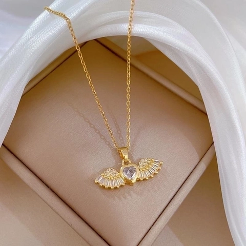Engel Vleugel Hart Hanger Ketting Goud Verguld Roestvrij Staal Zirkoon Ingelegd Sleutelbeen Sieraden Voor Vrouwen