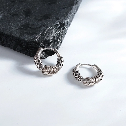 Orecchini A Cerchio Vintage Da Uomo In Rame Stile Argento Antico Motivo Geometrico Inciso Punk Hip Hop