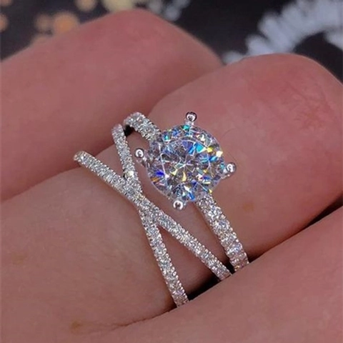Geometric Double Layer X Shaped Copper Ring With Round Cubic Zirconia Inlaid Cross Band For Women Fashion