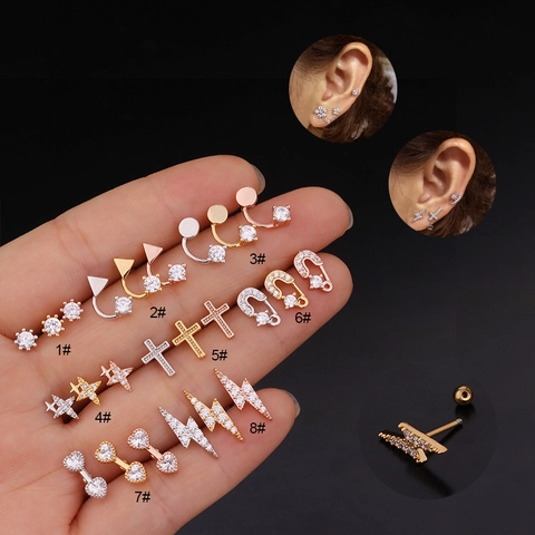 Orecchini Cartilaggio Vite Acciaio Inossidabile Zirconia Fulmine Croce Spilla Da Balia Gioielli Moda Donna