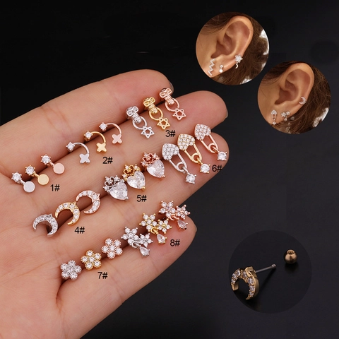 Helix Cartilage Piercing Stud Earrings Stainless Steel Copper Cubic Zirconia Flower Star Moon Heart Screw Ball Back Jewelry For Women