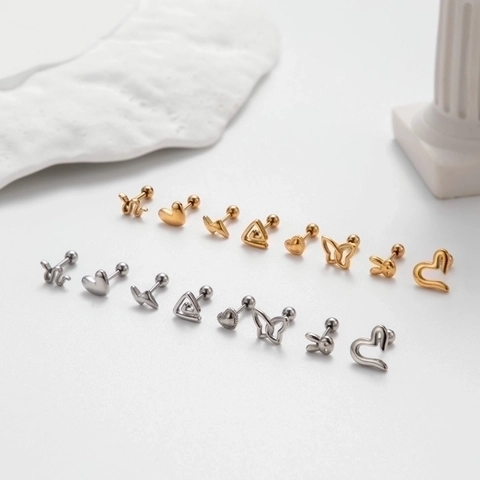 Stainless Steel Heart Butterfly Snake Stud Earrings For Women Girls Screw Back Ball Cartilage Helix Piercing Jewelry