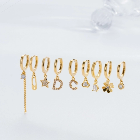 Polished Copper Hoop Earrings Zircon Star Drop Charm Geometric Fashion Piercing Jewelry For Women