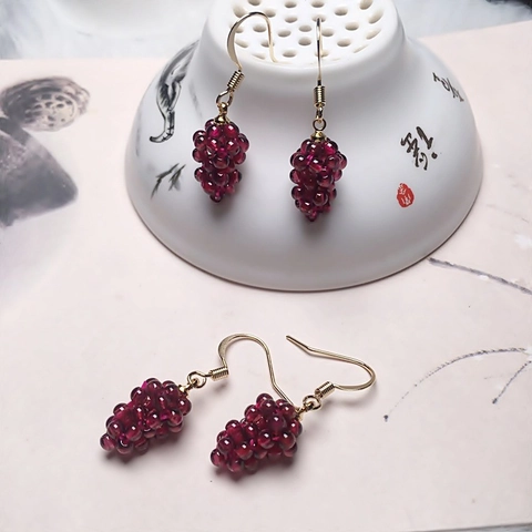 Garnet Grape Dangle Earrings Wine Red Hand Woven Fruit Shape Drop Jewelry Women Elegant