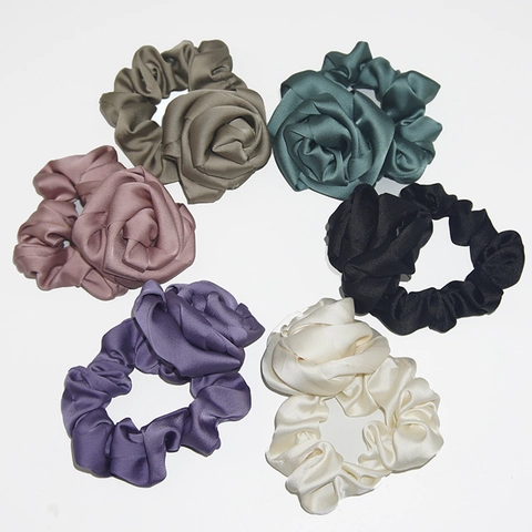Large Rose Flower Scrunchie Satin Satin Elastic Hair Tie Elegant Handmade Ponytail Holder Hair Accessories For Women