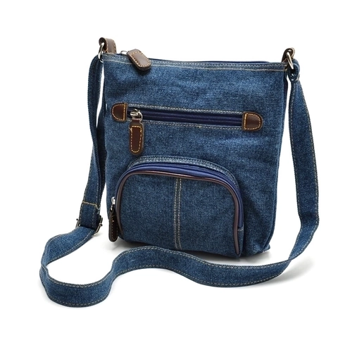 Vintage Casual Denim Crossbody Bag For Women Blue Jean Shoulder Bag With Multiple Zipper Pockets Adjustable Strap