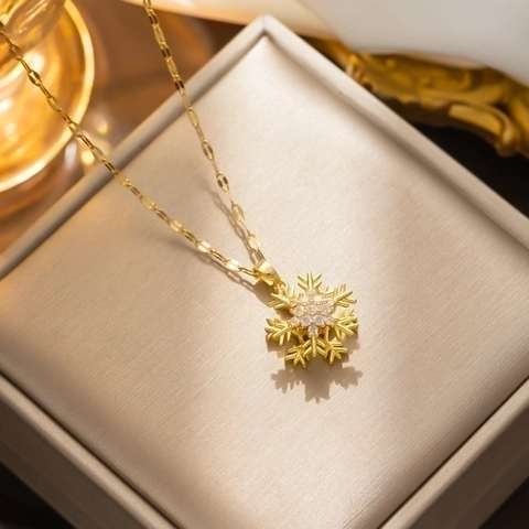 Collana con Pendente a Fiocco di Neve Rotante in Acciaio al Titanio con Strass Catena a Onda d'Acqua Gioielli Eleganti Donna