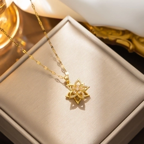 Spinning Petal Flower Pendant Necklace Titanium Steel Cubic Zirconia Double Layer Hollow Elegant Neckchain For Women