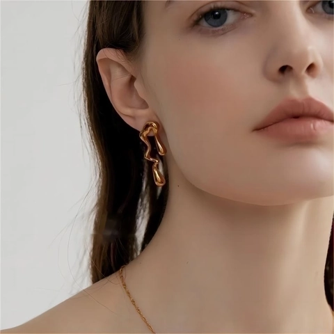 Asymmetric Lava Drip Stud Earrings 18K Gold Plated Stainless Steel Liquid Metal Geometric Mirror Finish For Women