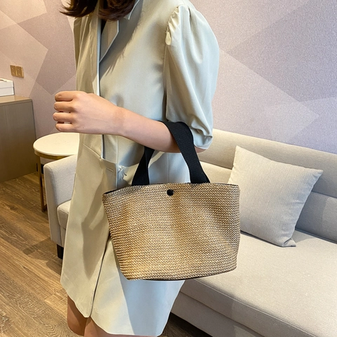 Gewebte Handtasche Sommer Stroh Strandtasche Mit Magnetknopf Vintage Kontrastfarbe Urlaubsstil Für Frauen