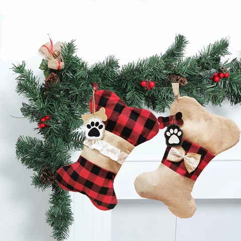 Pet Christmas Stockings Bone Fish Shape Buffalo Plaid Burlap Hanging Gift Bags For Fireplace Xmas Tree Holiday Decor