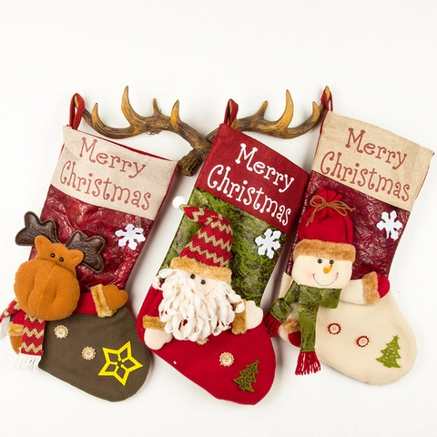 Christmas Stockings Large 3D Santa Snowman Reindeer Character Felt Linen Gift Bags For Home Mantle Fireplace Decor