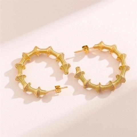 Orecchini A Cerchio Acciaio Inossidabile Placcato Oro Trama Molla Spirale Cavo Forma C Giunto Bambù Silver Earring Post