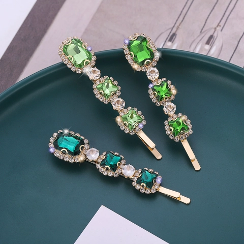 Fermaglio per Capelli Vintage con Strass Verde Blu per Donna Barrette Geometriche in Lega Lusso Stile Coreano Accessorio Capelli Sposa