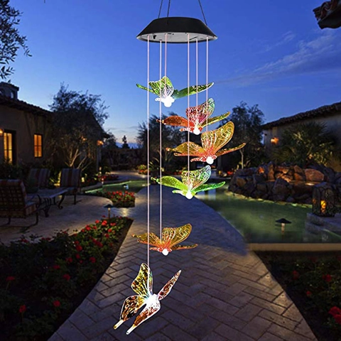 Solar Wind Chime Lights Color Changing LED Hummingbird Butterfly Hanging Outdoor Garden Patio Decoration Waterproof