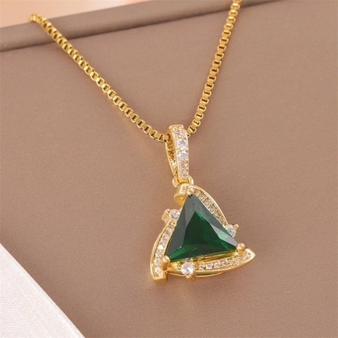 Collana Pendente Triangolo Acciaio Inossidabile Con Cristallo Verde E Zircone Placcato Oro Catena Scatola Gioielli Eleganti