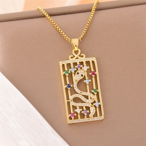 Stainless Steel Snake Pendant Necklace Hollow Square Frame Colorful Zircon Rhinestone Inlaid Box Chain Women Fashion