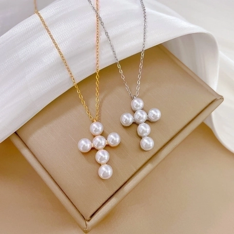 Collana Con Ciondolo A Croce In Acciaio Al Titanio Con Perla Artificial Imitazione Minimalista Catena Per Clavicola Gioielli Da Donna