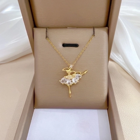 Ballet Dancer Pendant Necklace Stainless Steel Chain Copper Zircon Inlaid Elegant Gold Color Clavicle Chain For Women