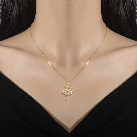 Ballet Dancer Pendant Necklace Stainless Steel Chain Copper Zircon Inlaid Elegant Gold Color Clavicle Chain For Women