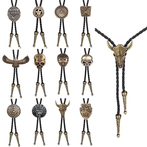 Vintage Western Cowboy Bolo Tie Adjustable Alloy Pendant Braided PU Leather Cord Necktie For Men Women