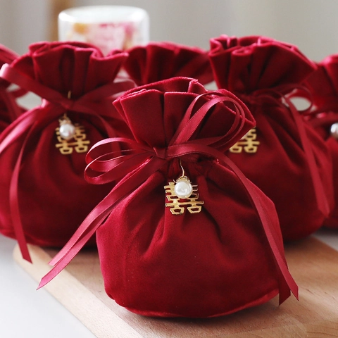 Velvet Gift Bag Drawstring Pouch Wedding Favor Candy Jewelry Storage With Artificial Pearl Double Xi Pendant Chinese Style
