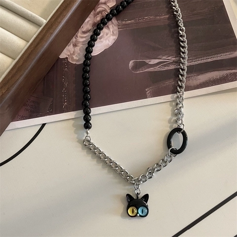Conjunto De Joyas De Gato Negro Collar De Acero De Titanio Pendientes Anillo Ojos Heterocromía Esmalte Estilo Punk Mujeres