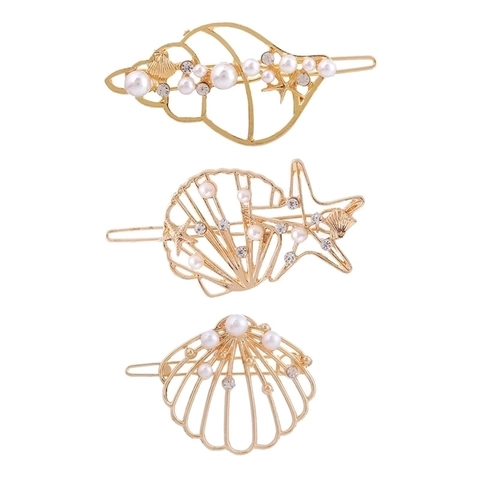 Pinzas Para El Cabello De Aleación Dorada Tema Océano Con Perlas Artificiales De Imitación Y Diamantes De Imitación Concha Estrella De Mar Accesorios Elegantes Para Mujeres