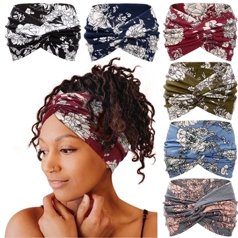 Women Wide Twisted Knot Turban Headband Elastic Hair Band For Yoga Running Workout Paisley Floral Print Soft Breathable