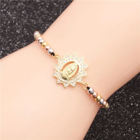 Virgin Mary Religious Pendant Bracelet Copper Tricolor Beads Micro Pave Cubic Zirconia Adjustable Black Woven Rope Jewelry Women
