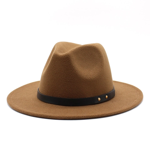 Cappello Fedora In Feltro Di Lana Tesa Larga Jazz Con Cintura In Pelle Rivetti Dorati Retro Per Uomo Donna