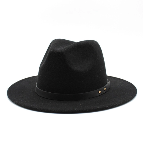 Cappello Fedora In Feltro Di Lana Tesa Larga Jazz Con Cintura In Pelle Rivetti Dorati Retro Per Uomo Donna