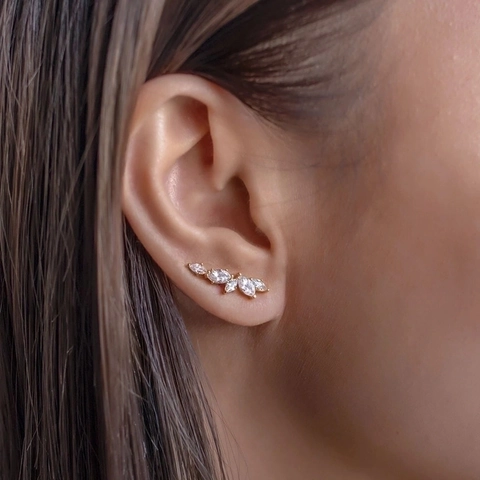 Orecchini Ear Climber Foglia Di Ulivo Rame Micro Pave Zircone Marquise Scintillante Gioielli Eleganti Donna