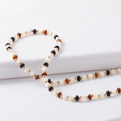Tiger Eye Black Agate Beaded Necklace Natural Stone Mother Of Artificial Pearl Gold Plated Vintage Jewelry For Women Adjustable