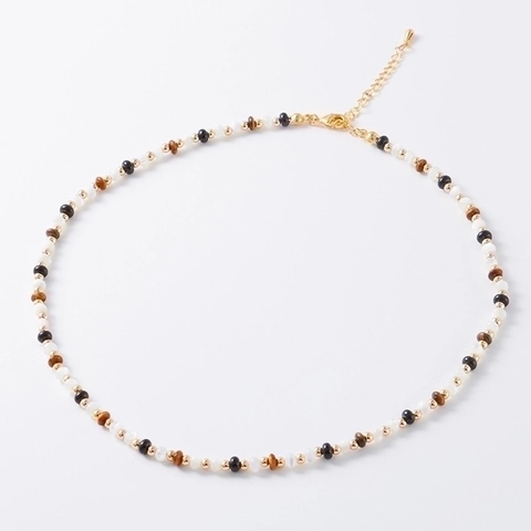 Tiger Eye Black Agate Beaded Necklace Natural Stone Mother Of Artificial Pearl Gold Plated Vintage Jewelry For Women Adjustable