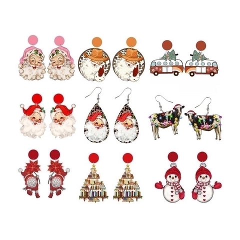 Orecchini Di Natale In Legno Stampati Babbo Natale Pupazzo Di Neve Albero Di Natale Cartone Animato Fantasia Leopardata