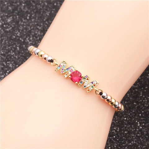 Pulsera Trenzada Ajustable Con Cuentas De Cobre Y Colgantes De Corazón MOM LOVE De Circonita De Colores Joyería