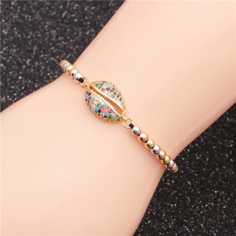 Pulsera Cuentas Ojo Turco Concha Cobre Circonita Cuerda Tejida Ajustable Joyería Moda Mujer