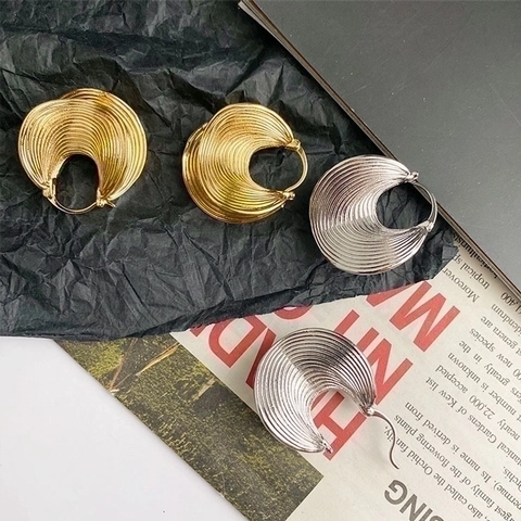 Pendientes Vintage De Latón Chapado En Oro Geométricos Irregulares Abanico Texturizado Multicapa Plisado Para Mujeres Con Poste De Plata