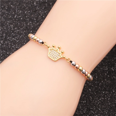 Tree Of Life Crown Charm Bracelet Copper Mixed Color Beads Micro Cubic Zirconia Adjustable Woven Cord Jewelry For Women