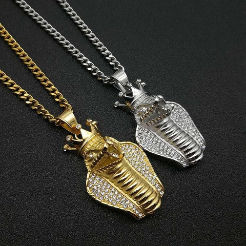 Hip Hop Titanium Steel Cobra Crown Pendant Necklace Iced Out Rhinestone Snake Jewelry For Men Women Individual Trend