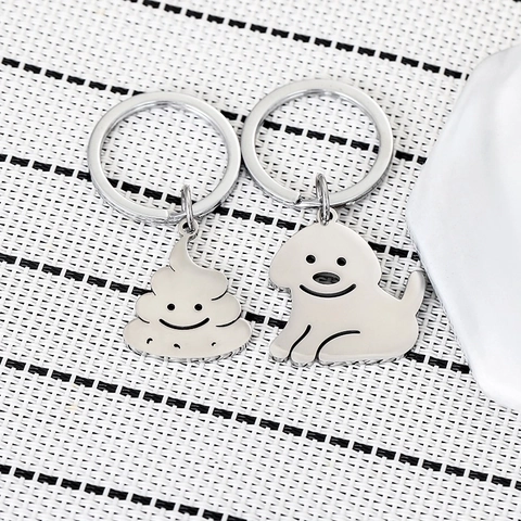 Funny Novelty Stainless Steel Keychain Cute Smiling Poop Dog Shaped Keychain Creative Couple Bag Pendant Gift Keyring