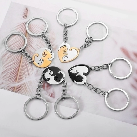 Matching Cat Keychains Stainless Steel Puzzle Heart Circular Yin Yang Pendant Couples Best Friends Gift Bag Accessory