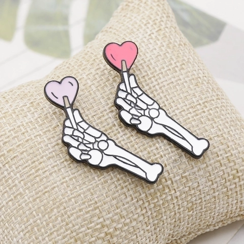 Skeleton Hand Holding Heart Lollipop Enamel Pin Alloy Brooch Punk Gothic Badge For Clothing Backpack Accessories Cute
